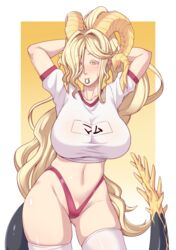  absurdres blonde_hair blush colored_eyelashes cowboy_shot crop_top eyes_visible_through_hair female gradient_background gym_uniform hands_in_hair highleg highleg_panties highres horns impossible_clothes kulve_taroth long_hair looking_at_viewer monster_hunter:_world monster_hunter_(series) mouth_hold nose_blush panties parted_bangs personification pointy_ears revision shirt skindentation solo tail taut_clothes taut_shirt thighhighs thighs two-tone_background underwear very_long_hair white_background white_shirt white_thighhighs yamanata yellow_background yellow_eyes 