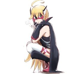  ahoge bad_id bad_pixiv_id blonde_hair blowing_bubbles boots cape commentary_request domino_mask doronjo elbow_gloves female from_side full_body gloves green_eyes head_rest kaauchi knee_boots leopard_(yatterman) mask solo squatting thighhighs time_bokan_(series) yatterman yoru_no_yatterman 