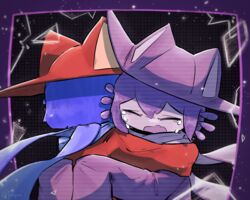  2others androgynous animal_ears animal_hat blue_hair blue_scarf broken brown_tunic cat_ears cat_hat clone closed_eyes crying hat highres hug monitor multiple_others niko_(oneshot) oneshot_(game) open_mouth pungsun scarf the_world_machine tunic whiskers 