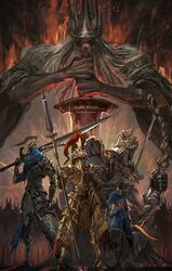  4boys 6+others armor artorias_the_abysswalker battle beard blonde_hair blue_capelet bow_(weapon) braid capelet commentary_request copyright_name crown dark_souls_(series) dark_souls_i dragon_slayer_ornstein dual_wielding embers english_text faceless faceless_male facial_hair facing_viewer faulds female fire full_body gauntlets gold_armor greatsword greaves grey_hair gwyn_lord_of_cinder hawkeye_gough helmet highres holding holding_bow_(weapon) holding_polearm holding_sword holding_weapon hood hood_up kneeling knight long_hair looking_away lord&#039;s_blade_ciaran mrpk multiple_boys multiple_others over_shoulder pauldrons plume polearm short_sword shoulder_armor silver_knight_(dark_souls) single_braid spear standing sword upper_body weapon wide_sleeves 