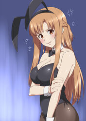  anger_vein animal_ears asuna_(sao) black_bow black_bowtie black_leotard black_pantyhose bow bowtie braid breasts brown_eyes brown_hair cleavage commentary_request cowboy_shot detached_collar female half_up_half_down_braid highres large_breasts leotard long_hair looking_at_viewer pantyhose playboy_bunny rabbit_ears rabbit_tail shichimenchou solo strapless strapless_leotard sword_art_online tail wrist_cuffs 