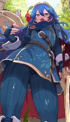  absurdres belt belt_buckle blue_cape blue_eyes blue_gloves blue_hair blue_pikmin blush brand_of_the_exalt brown_belt buckle bulborb cameltoe cape character_name creature creature_on_shoulder crossover english_text engrish_text falchion_(fire_emblem) female fingerless_gloves fire_emblem fire_emblem_awakening from_below gloves highres holding ishijimajirou leather_belt long_hair looking_at_viewer lucina_(fire_emblem) on_shoulder open_mouth pikmin_(creature) pikmin_(series) purple_pikmin ranguage red_cape red_pikmin ribbed_pants ribbed_sleeves smile super_smash_bros. sweat sweatdrop sword thighs tiara tree two-tone_cape weapon wrist_cuffs yellow_pikmin 