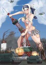  absurdres aircraft between_breasts bikini blue_headband blue_sky breasts brown_eyes building burning burning_building cloud commission day destruction eyepatch_bikini female giant giantess headband helicopter highres kamoi_(kancolle) kantai_collection ken_(shutenndouji1) military_vehicle motor_vehicle navel outdoors pixiv_commission sidelocks sky smile swimsuit tank thick_eyebrows tokyo_tower tree white_hair 