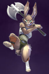  4_toes anthro bottomwear buckteeth clothed clothing digital_media_(artwork) dungeons_and_dragons feet female fur hare harengon hasbro hi_res holding_object holding_weapon jonas-puppeh lagomorph leporid looking_at_viewer mammal pose shirt simple_background smile solo spread_legs spreading tail teeth toes topwear weapon wizards_of_the_coast 