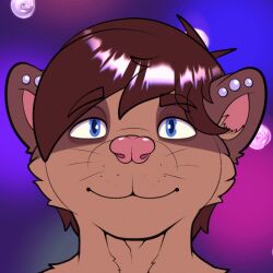  2024 2_horns 2d_animation animated anthro blue_eyes brown_body brown_ears brown_fur brown_hair darkness dasher_(dasherslash) dasherslash digital_media_(artwork) domestic_ferret ear_piercing front_view fur hair half-closed_eyes headshot_portrait horn looking_sideways loop male mammal multicolored_body multicolored_fur mustelid musteline narrowed_eyes one_eye_closed one_eye_half-closed piercing pink_nose portrait pose red_horn sharp_teeth solo teeth tongue tongue_out true_musteline two_tone_body two_tone_fur weasel whiskers wink 