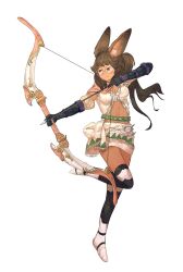  animal_ear_fluff animal_ears arrow_(projectile) black_gloves black_thighhighs bow_(weapon) breasts brown_eyes brown_hair cleavage closed_mouth commentary dark-skinned_female dark_skin drawing_bow elbow_gloves english_commentary female full_body glasses gloves hair_flaps highres holding holding_bow_(weapon) holding_weapon leg_up long_hair medium_breasts miniskirt navel original rabbit_ears rabbit_girl round_eyewear serious shirt shoes sidelocks simple_background skirt solo spindle_(aidenr0) split_mouth standing standing_on_one_leg thighhighs thighs v-shaped_eyebrows weapon white_background white_footwear white_shirt white_skirt zettai_ryouiki 