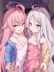  1boy 2girls ahoge bare_shoulders blue_archive blue_eyes blue_jacket blush breast_press breasts camisole cleavage closed_mouth collarbone commentary_request hair_between_eyes halo heterochromia highres hina_(blue_archive) holding_hands hoshino_(blue_archive) jacket long_hair long_sleeves looking_at_viewer milkshakework multiple_girls oerba_yun_fang off_shoulder open_clothes open_mouth pajamas petite pink_hair pink_halo polka_dot pov pov_hands purple_eyes sleeves_past_wrists small_breasts symmetrical_docking variant_set very_long_hair white_camisole white_hair yellow_eyes yellow_jacket 