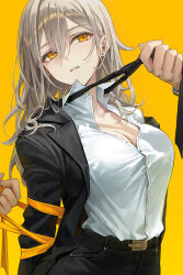  2others alternate_costume belt black_belt black_jacket black_necktie black_pants breasts cleavage collared_shirt commentary cowboy_shot female grey_hair hair_between_eyes highres honkai:_star_rail honkai_(series) jacket large_breasts long_hair looking_at_another multiple_others necktie necktie_grab neckwear_grab open_clothes open_jacket pants parted_lips r_o_ha restrained ribbon shirt solo_focus stelle_(honkai:_star_rail) trailblazer_(honkai:_star_rail) white_shirt yellow_background yellow_eyes yellow_ribbon 