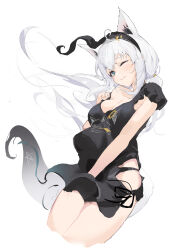  absurdres ahoge animal_ear_fluff animal_ear_piercing animal_ears aqua_eyes black_hairband black_headband black_panties black_shirt black_tail breasts cleavage commentary crossed_bangs double-parted_bangs earrings extra_ears female floating_hair fox_ears fox_girl fox_tail hair_between_eyes hairband headband highres hololive jewelry long_hair looking_at_viewer loungewear low-tied_long_hair medium_breasts menomeno_draw multicolored_tail nejima_kitsune_(shirakami_fubuki) no_pants official_alternate_costume one_eye_closed panties pentagram shirakami_fubuki shirakami_fubuki_(loungewear) shirt side-tie_shirt sidelocks simple_background single_bare_shoulder single_earring single_off_shoulder solo tail two-tone_tail underwear virtual_youtuber white_background white_hair white_tail wind 