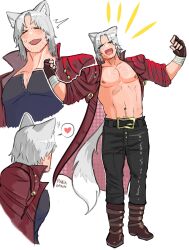  1boy :d abs animal_ears bara bare_pectorals cat_boy cat_ears cat_tail dante_(devil_may_cry) devil_may_cry_(series) devil_may_cry_3 happy highres kemonomimi_mode large_pectorals male_focus mature_male multiple_views muscular muscular_male navel navel_hair nipples pectorals seal_lover420 simple_background smile sparse_chest_hair sparse_stubble standing stomach tail thick_eyebrows 