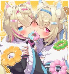  2girls absurdres animal_ear_fluff animal_ears bandaid bandaid_hair_ornament belt_collar biting black_jacket blonde_hair blue_eyes blue_hairband blue_nails blush cat_ears chains cheek-to-cheek collar crystal doughnut food food_in_mouth frilled_collar frills fur-trimmed_jacket fur_trim fuwawa_abyssgard hair_between_eyes hair_ornament hairband hand_on_another&#039;s_shoulder headphones headphones_around_neck heads_together highres holding holding_food hololive hololive_english horn_hairband hug jacket long_hair long_sleeves looking_at_viewer mococo_abyssgard multicolored_hair multiple_girls oerba_yun_fang one_eye_closed pink_eyes pink_hairband polka_dot polka_dot_background short_hair siblings sidelocks simple_background sisters streaked_hair tkc_(user_snjd8547) twins wide_sleeves x_hair_ornament 