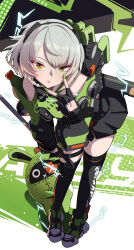  absurdres anby_demara armor bangboo_(zenless_zone_zero) bent_over black_gloves black_hairband black_skirt black_thighhighs female fingerless_gloves full_body gloves green_armor green_eyes green_nails grey_hair hairband highres medium_hair pleated_skirt short_hair skirt thighhighs yamada_otonari zenless_zone_zero 