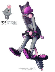  bandaid bandaid_on_face black_gloves black_hat black_shirt black_shorts blowing_bubbles chewing_gum colored_skin commentary crop_top female fingerless_gloves full_body gloves grey_skin hat hat_with_ears looking_at_viewer midriff personification pogo_stick pokemon pokemon_(creature) shirt shorts signature simple_background socks spoink tamtamdi translated white_background white_socks 