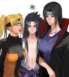  3girls black_hair black_jacket blonde_hair breasts closed_eyes closed_mouth denggu_5 genderswap_(mtf) headband highres jacket japanese_clothes long_hair long_sleeves medium_breasts multiple_girls naruto_(series) naruto_shippuuden navel open_mouth red_eyes rule_63 stomach twintails uchiha_itachi uchiha_sasuke uzumaki_naruto 