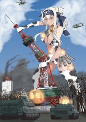  absurdres aircraft animal_ears animal_print between_breasts bikini blue_headband blue_sky breasts brown_eyes building burning burning_building cloud commission cow_ears cow_horns cow_print day destruction fake_animal_ears fake_horns female giant giantess headband helicopter highres horns kamoi_(kancolle) kantai_collection ken_(shutenndouji1) military_vehicle motor_vehicle navel outdoors pixiv_commission sapporo_tv_tower sidelocks sky smile swimsuit tank thick_eyebrows tree white_bikini white_hair 