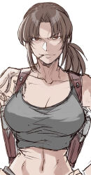  black_lagoon breasts brown_eyes brown_hair cigarette crop_top midriff navel revy_(black_lagoon) side_ponytail smile smoking tattoo yasunososaku 