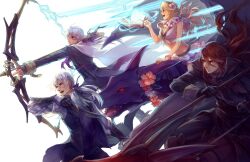  3boys aristocratic_clothes bow_(weapon) butler corrin_(female)_(fire_emblem) corrin_(female)_(summer)_(fire_emblem) corrin_(fire_emblem) dagger female fire_emblem fire_emblem:_mystery_of_the_emblem fire_emblem:_shadow_dragon fire_emblem_fates fire_emblem_heroes grey_hair holding holding_bow_(weapon) holding_weapon jakob_(fire_emblem) jakob_(halloween)_(fire_emblem) jen_(hasuyawwn) knife long_hair low_ponytail michalis_(fire_emblem) multiple_boys official_alternate_costume pointy_ears ponytail purple_eyes red_hair stitches tuxedo_shirt weapon white_hair 