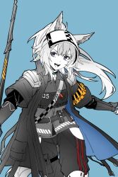  animal_ears arknights armband armor belt blue_background chinese_commentary clothes_writing coat collared_shirt commentary_request cowboy_shot female grani_(arknights) highres hip_vent holding long_hair looking_at_viewer medal open_clothes open_coat open_mouth orange_armband pants partial_commentary partially_colored piaoliu_ping_ping_ping_pingzi police purple_eyes shirt short_sleeves simple_background smile solo standing strap vambraces 