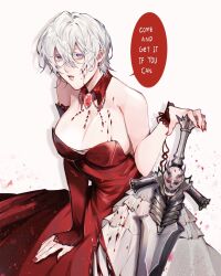  blood blood_on_clothes blood_on_face blue_eyes breasts dante_(devil_may_cry) devil_may_cry_(series) devil_may_cry_3 dress female genderswap_(mtf) hair_between_eyes highres holding looking_at_viewer red_dress rule_63 short_hair sword veelzlone weapon white_hair 