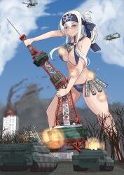  absurdres aircraft between_breasts bikini blue_bikini blue_headband blue_sky breasts brown_eyes building burning burning_building cloud commission criss-cross_halter day destruction female giant giantess halterneck headband helicopter highres kamoi_(kancolle) kantai_collection ken_(shutenndouji1) military_vehicle motor_vehicle navel outdoors pixiv_commission pretzel_bikini sapporo_tv_tower sidelocks sky smile swimsuit tank thick_eyebrows tree white_hair 