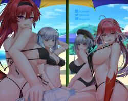  absurdres ass beach bikini breasts changli_(wuthering_waves) d.d.g_(ddg3420) highres jinhsi_(wuthering_waves) large_breasts male_rover_(wuthering_waves) multiple_girls naughty_face original rover_(wuthering_waves) sanhua_(wuthering_waves) string_bikini summer swimsuit wuthering_waves yinlin_(wuthering_waves) 