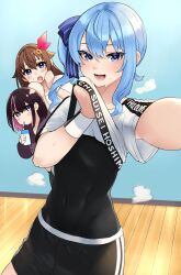  3girls absurdres azki_(hololive) black_leotard black_shorts blue_eyes blue_hair blush character_name clothes_lift commission drinking hair_between_eyes highres hololive hololive_dance_practice_uniform hoshimachi_suisei leotard leotard_under_clothes looking_at_viewer multiple_girls official_alternate_costume open_mouth reaching reaching_towards_viewer ribbon sakushin shirt shirt_lift shorts side_ponytail smile star_(symbol) star_in_eye sweat symbol_in_eye tokino_sora virtual_youtuber wiping_face wiping_sweat workout_clothes wristband 