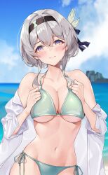  bikini blue_sky blush breasts cleavage closed_mouth cloud collarbone cowboy_shot female firefly_(honkai:_star_rail) from_side green_bikini grey_hair highres honkai:_star_rail honkai_(series) large_breasts long_hair looking_at_viewer matrix16 navel ocean off_shoulder outdoors red_eyes sand sky solo standing swimsuit water 