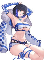  armpits arms_up bare_shoulders belt black_hair blue_hair blush bob_cut breasts cleavage collarbone detached_sleeves diagonal_bangs dice female fur-trimmed_jacket fur_trim genshin_impact green_eyes hamahama highres jacket jacket_on_shoulders jewelry large_breasts looking_at_viewer miniskirt multicolored_hair navel neck_ring open_mouth short_hair skirt solo strapless tassel thighs tube_top two-tone_hair underboob white_jacket white_skirt yelan_(genshin_impact) 