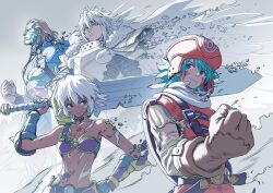  .hack// .hack//games 3boys aqua_hair armor balmung_(.hack//) barbarian bare_pectorals belt bikini black_belt black_choker black_gloves black_rose_(.hack//) black_wristband blue_eyes bob_cut breaking breastplate breasts broken broken_armor broken_sword broken_weapon brown_gloves brown_hair cape carrying_over_shoulder choker clenched_hand closed_mouth colored_skin cover_image dark-skinned_female dark_skin facial_mark female fingerless_gloves from_side fur_hat gauntlets gloves green_skin grey_eyes grey_headband hair_between_eyes hair_slicked_back hand_on_own_hip hand_up hat headband highres holding holding_sword holding_weapon hosokawa_seiichirou huge_weapon kite_(.hack//) knight light_smile looking_afar looking_at_another looking_at_viewer looking_to_the_side metal_bikini midriff multiple_boys muscular muscular_male non-web_source official_art orange_hat orange_pants orange_vest orca_(.hack//) over_shoulder pants pauldrons pectorals profile promotional_art purple_bikini red_eyes scarf shards shirt short_hair shoulder_armor single_pauldron single_strap small_breasts smile standing strap swimsuit sword sword_over_shoulder toned_female torn_choker torn_clothes torn_hat torn_scarf upper_body ushanka vest weapon weapon_over_shoulder white_armor white_background white_cape white_hair white_scarf white_shirt wind 