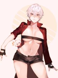  1boy belt_bra blue_eyes blush breasts chibi chibi_inset closed_mouth coat dante_(devil_may_cry) devil_may_cry_(series) devil_may_cry_3 female fingerless_gloves genderswap_(mtf) gloves highres navel nero_(devil_may_cry) red_coat rule_63 short_shorts shorts upper_body veelzlone white_hair 