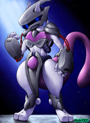  2_toes 3_fingers ambiguous_gender anthro armor detailed_background feet fingers generation_1_pokemon grey_armor headgear helmet hi_res legendary_pokemon light_body long_tail mewtwo nintendo noki001 pokemon pokemon_(species) purple_tail solo standing standing_on_toes tail toes wire 