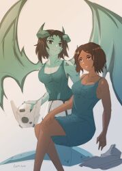  2girls aqua_skin armor claws dark-skinned_female dark_skin dragon_girl dragon_horns dragon_tail dragon_wings drakonori_(rimworld) green_eyes helmet horns multiple_girls original power_armor rideth_mochi rimworld scales tail tank_top undressing wings yellow_eyes 