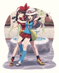  2girls ariekochan armpits bag bandana bike_shorts black_shorts blue_eyes blue_shirt brown_eyes brown_hair fountain gloves hat holding_hands jacket leaf_(pokemon) long_hair may_(pokemon) medium_hair miniskirt multiple_girls pokemon pokemon_dppt pokemon_frlg pokemon_rse red_bandana red_jacket red_skirt shirt shorts skirt twitter_username white_gloves white_hat young_couple_(pokemon) yuri 