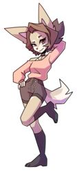  2018 4_fingers alpha_channel anthro biped bottomwear brown_body brown_eyes brown_fur brown_hair brown_nose brown_theme canid canine choker clothed clothing digital_media_(artwork) eyebrows eyelashes feet female fingers footwear fur grin hair hand_behind_head hand_on_hip hi_res jewelry legwear looking_at_viewer mammal necklace on_one_leg portrait pose raised_eyebrow shirt shorts smile socks solo standing sweater toes topwear unknownspy watermark white_body white_fur 