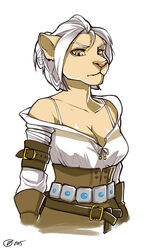  2015 alternate_species anthro breasts cirilla_fiona_elen_riannon cleavage clothed clothing digital_media_(artwork) felid female fur furlana furrification hair hi_res lion mammal off_shoulder pantherine shaded simple_background solo the_witcher white_background 