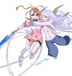  2girls :d ahoge aqua_eyes arika_yumemiya blue_eyes blue_pants brown_hair commentary_request crop_top dated dress full_body jumping light_purple_hair mashiro_blan_de_windbloom midriff multiple_girls my-otome open_mouth pants pink_dress polearm puffy_pants short_dress signature smile spear teeth thighhighs towtow_redoland v-shaped_eyebrows weapon white_background white_legwear zettai_ryouiki 