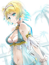  bikini blonde_hair blue_bikini blue_eyes blue_hair breasts character_doll clear_glass_(mildmild1311) closed_mouth commentary_request earrings feh_(fire_emblem_heroes) female fire_emblem fire_emblem_heroes fjorm_(fire_emblem) fjorm_(summer)_(fire_emblem) flower gradient_hair hair_flower hair_ornament highres jewelry looking_at_viewer medium_breasts multicolored_hair navel official_alternate_costume short_hair signature smile solo stomach swimsuit two-tone_hair white_flower 