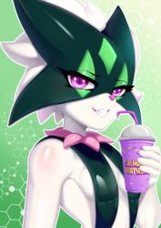  absurd_res anthro athletic bra breasts clothing female generation_9_pokemon green_background green_bra green_clothing green_mask green_underwear grimace_shake hi_res mcdonald&#039;s meme meowscarada nintendo olivialovesfur pokemon pokemon_(species) purple_eyes simple_background slim small_breasts smile smirk solo underwear white_body 