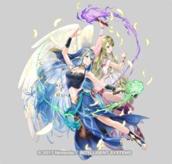  2girls asymmetrical_legwear azura_(fire_emblem) azura_(hatari)_(fire_emblem) blonde_hair blue_hair breasts choker crop_top feathers fire_emblem fire_emblem:_radiant_dawn fire_emblem_fates fire_emblem_heroes full_body green_eyes holding holding_torch kaya8 leanne_(fire_emblem) leanne_(hatari)_(fire_emblem) long_hair looking_at_viewer medium_breasts multiple_girls navel official_alternate_costume official_art pantyhose toeless_legwear torch veil very_long_hair wings yellow_eyes 