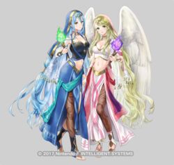  2girls azura_(fire_emblem) azura_(hatari)_(fire_emblem) blonde_hair blue_hair breasts choker crop_top fire_emblem fire_emblem:_radiant_dawn fire_emblem_fates fire_emblem_heroes full_body green_eyes holding holding_torch kaya8 leanne_(fire_emblem) leanne_(hatari)_(fire_emblem) long_hair looking_at_viewer medium_breasts multiple_girls navel official_alternate_costume official_art pantyhose toeless_legwear torch veil very_long_hair wings yellow_eyes 