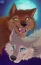  2020 biteysux blue_eyes canid canine canis cartoon_saloon duo fangs female feral freckles full_moon fur green_eyes grey_body grey_fur hi_res mammal mebh_og_mactire moon red_body red_fur robyn_goodfellowe signature teeth wolf wolfwalkers 