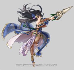  attack bare_shoulders black_eyes black_hair breasts choker detached_sleeves female fire_emblem fire_emblem:_the_blazing_blade fire_emblem_heroes full_body hair_ornament high_heels holding holding_polearm holding_weapon jewelry karla_(fire_emblem) karla_(hatari)_(fire_emblem) kita_senri large_breasts long_hair looking_at_viewer official_alternate_costume official_art pantyhose polearm solo toeless_footwear toeless_legwear weapon 