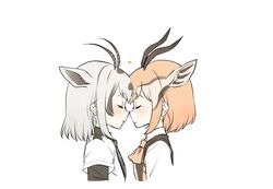  2girls animal_ears arabian_oryx_(kemono_friends) black_collar black_hair black_neckwear black_sleeves blush brown_vest closed_eyes collar collared_shirt commentary_request extra_ears eyebrows_visible_through_hair gazelle_ears gazelle_horns gazelle_tail kemono_friends kuromitsu_(9633_kmfr) light_brown_hair long_sleeves multicolored_hair multiple_girls necktie noses_touching orange_neckwear shirt short_hair short_sleeves striped striped_neckwear thomson&#039;s_gazelle_(kemono_friends) vest white_background white_hair white_shirt 