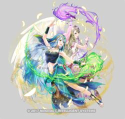  2girls asymmetrical_legwear azura_(fire_emblem) azura_(hatari)_(fire_emblem) blonde_hair blue_hair breasts choker crop_top feathers fire_emblem fire_emblem:_radiant_dawn fire_emblem_fates fire_emblem_heroes full_body green_eyes holding holding_torch kaya8 leanne_(fire_emblem) leanne_(hatari)_(fire_emblem) long_hair looking_at_viewer medium_breasts multiple_girls navel official_alternate_costume official_art pantyhose toeless_legwear torch veil very_long_hair wings yellow_eyes 