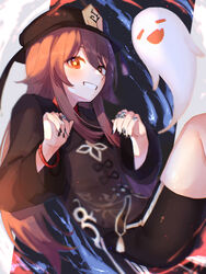  anatom_orange bad_id bad_pixiv_id black_coat black_hat black_nails black_shorts blush boo_tao_(genshin_impact) brown_hair coat collared_shirt commentary eyebrows_hidden_by_hair female floating flower-shaped_pupils genshin_impact ghost hair_between_eyes hat hat_ornament hu_tao_(genshin_impact) jewelry long_hair long_sleeves looking_at_viewer multicolored_background multiple_rings nail_polish porkpie_hat red_eyes red_shirt ring shirt shorts sidelocks smile solo symbol-only_commentary symbol-shaped_pupils teeth wide_sleeves wristband 