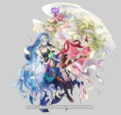  2girls asymmetrical_legwear azura_(fire_emblem) azura_(hatari)_(fire_emblem) blonde_hair blue_hair breasts choker feathers fire_emblem fire_emblem:_radiant_dawn fire_emblem_fates fire_emblem_heroes full_body green_eyes holding holding_torch kaya8 leanne_(fire_emblem) leanne_(hatari)_(fire_emblem) long_hair looking_at_viewer medium_breasts multiple_girls navel official_alternate_costume official_art pantyhose toeless_legwear torch veil very_long_hair wings yellow_eyes 