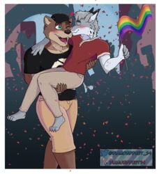  anthro blush canadian_lynx clothing confetti diamond_dust_(artist) echo_(game) echo_(series) echo_project felid feline flag hat headgear headwear hi_res kissing lgbt_pride lgbt_pride_month lynx male male/male mammal mustelid otter pride_color_flag pride_colors rainbow_pride_colors six-stripe_rainbow_pride_colors sydney_bronson tj_hess 