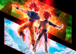  2boys armor aura closed_mouth dougi dragon_ball dragon_ball_super dragon_ball_super_broly finger_gun floating full_body glacier gloves highres male_focus mattari_illust multiple_boys open_hand red_eyes red_hair smile son_goku spiked_hair super_saiyan super_saiyan_god torn_clothes vegeta white_footwear white_gloves 