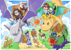  2boys absurdres aerodactyl apple backpack bag baseball_cap black_hair blue_eyes box cardboard_box cloud commentary_request day dragonite food fruit galarian_farfetch&#039;d gengar goh_(pokemon) grass hat highres holding holding_strap jacket looking_to_the_side machoke magikarp male_focus multiple_boys pants path pikachu pokemon pokemon_(anime) pokemon_(creature) pokemon_journeys raboot raichu riding riding_pokemon riolu satoshi_(pokemon) short_sleeves sky smile sobble teeth yamper yasuda_shuuhei 