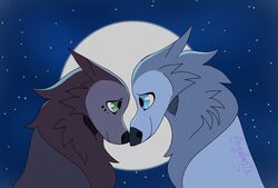  2020 angelarts blue_eyes brown_body brown_fur canid canine canis cartoon_saloon duo female female/female feral freckles full_moon fur green_eyes grey_body grey_fur heart_symbol hi_res mammal mebh_og_mactire moon night robyn_goodfellowe signature star wolf wolfwalkers 